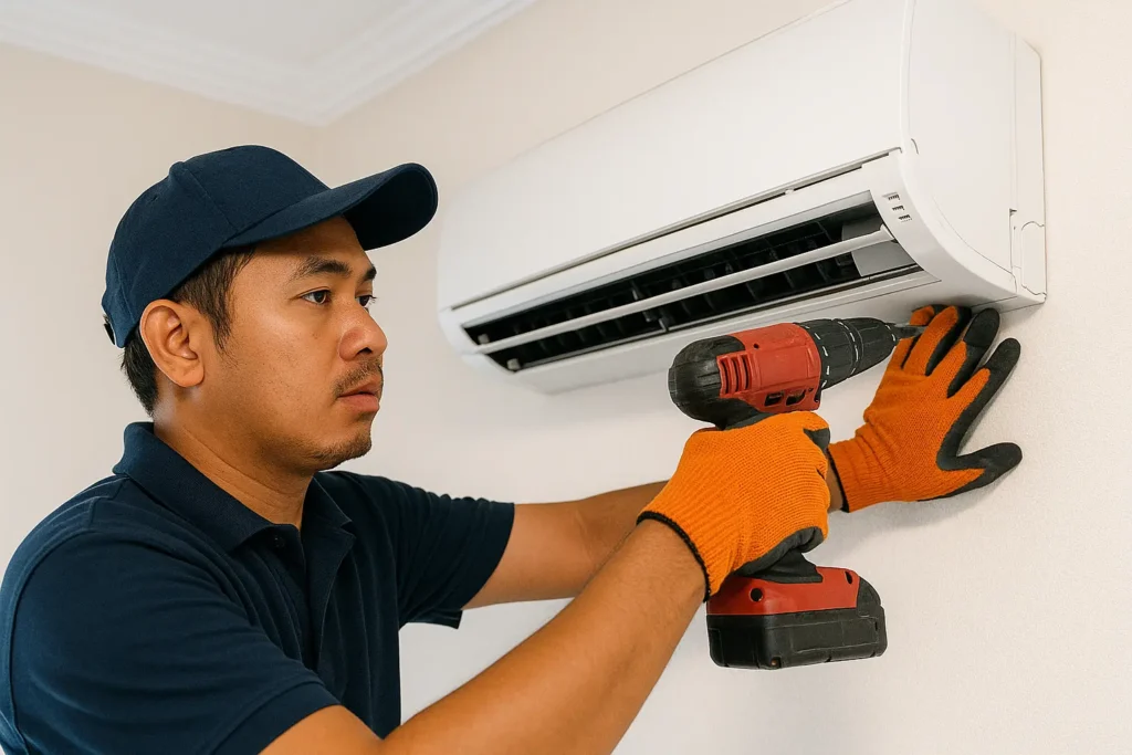 Malay Asian aircond technician installing a wall-mounted air conditioner using a power drill.