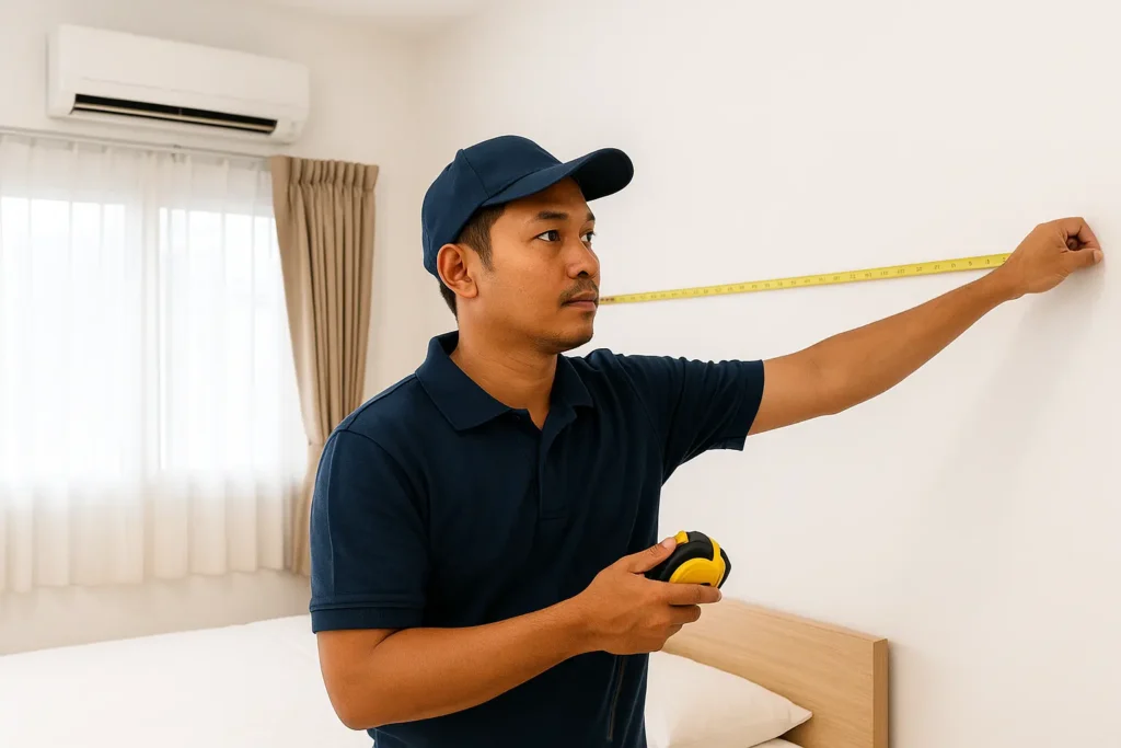 Malay Asian aircond technician measuring room size with measuring tape to determine correct aircond HP.