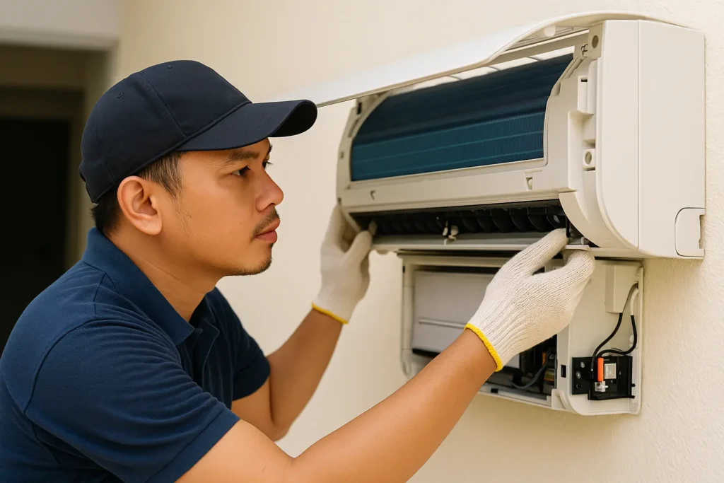 Malay aircond technician servicing the indoor wall-mounted unit and inspecting coil area for leaks