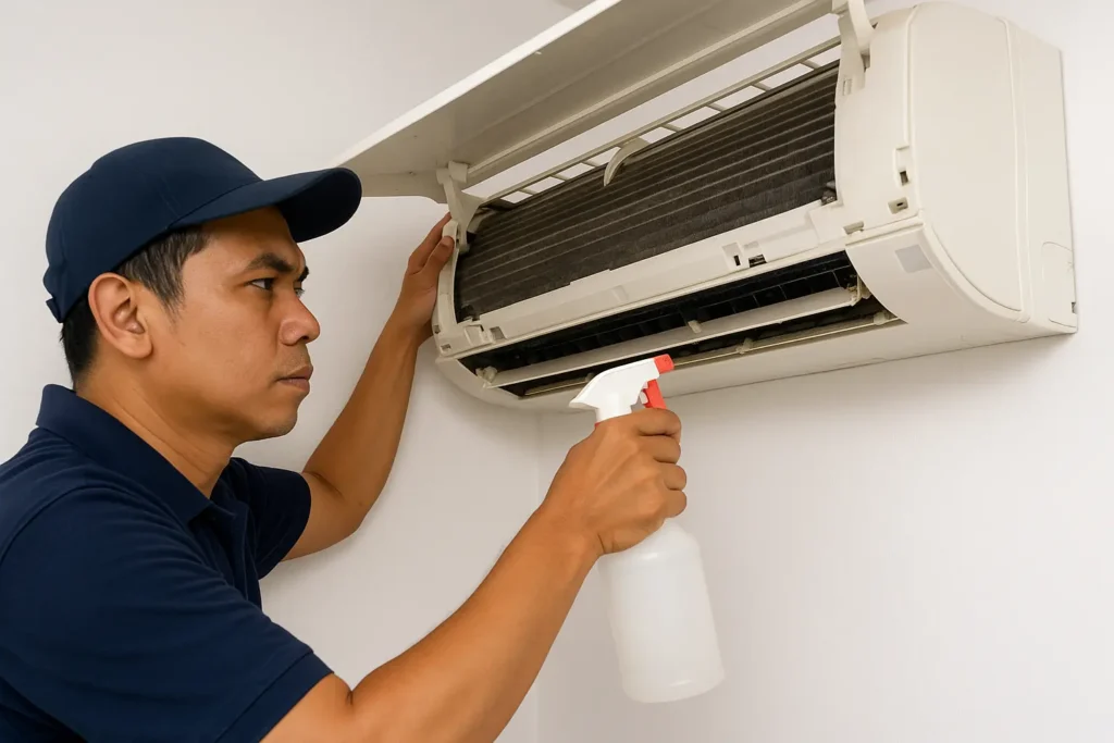 Malay Asian technician performing chemical cleaning on a wall-mounted aircond indoor unit