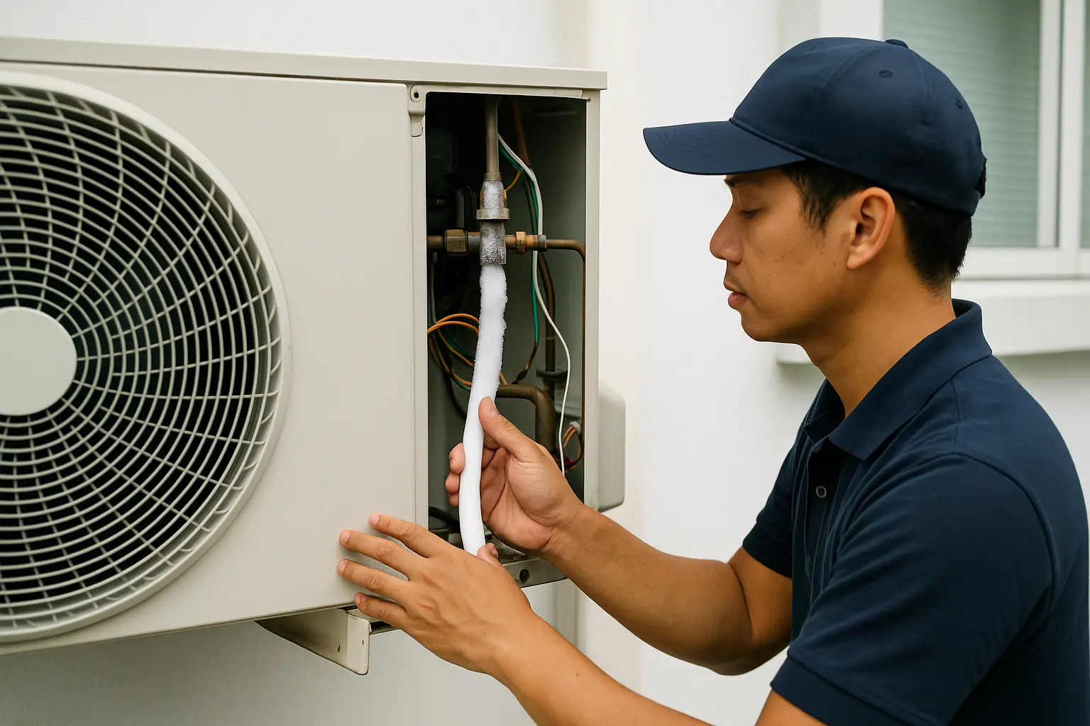 Malay aircond technician checking frozen copper pipe on outdoor AC unit due to low gas