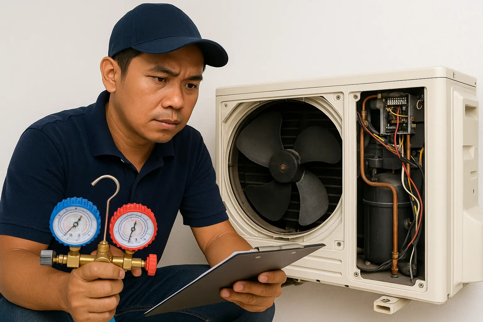 Malay Asian aircond technician inspecting outdoor unit pressure using manifold gauges