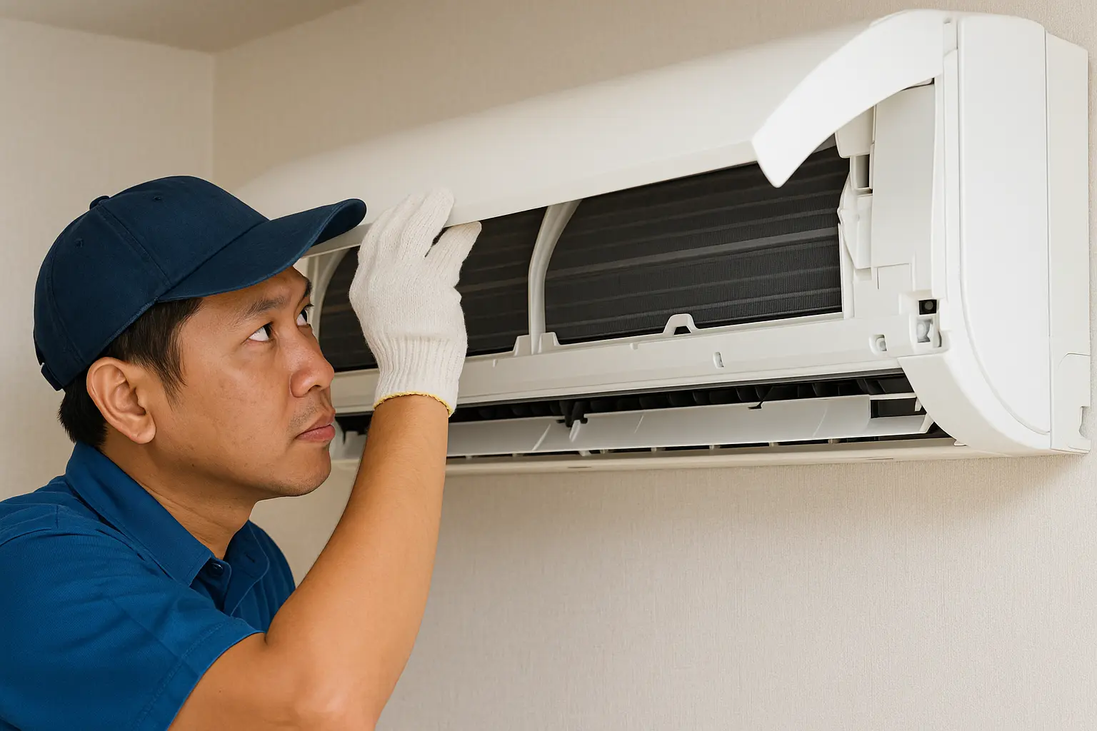 Malay Asian aircond technician inspecting a wall-mounted indoor air conditioner unit.
