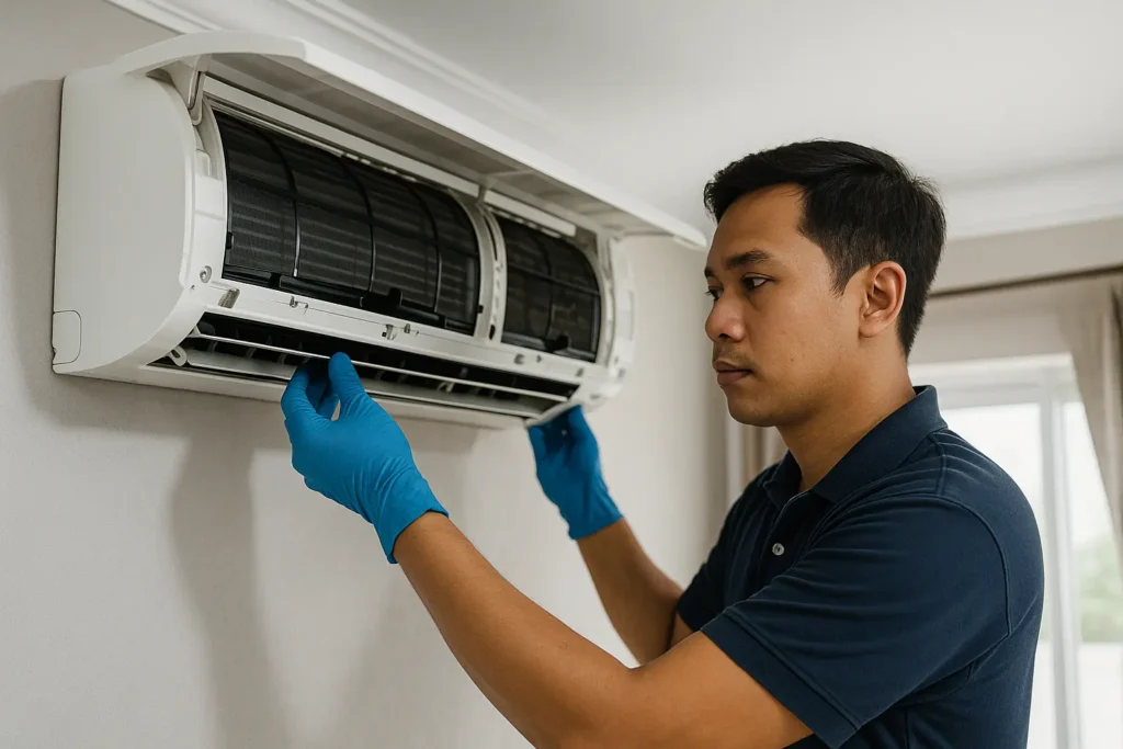 Malay Asian aircond technician inspecting and servicing a wall-mounted air conditioner in a bright home interior.