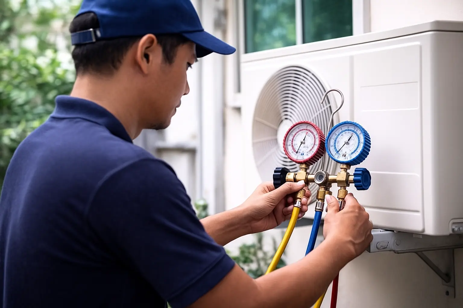 Juruteknik Melayu sedang memeriksa tekanan gas aircond menggunakan manifold gauge pada unit luar