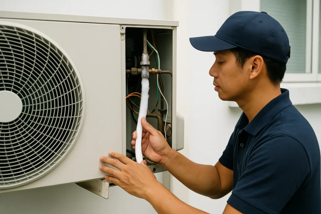 Juruteknik Melayu memeriksa paip tembaga aircond yang membeku akibat gas rendah