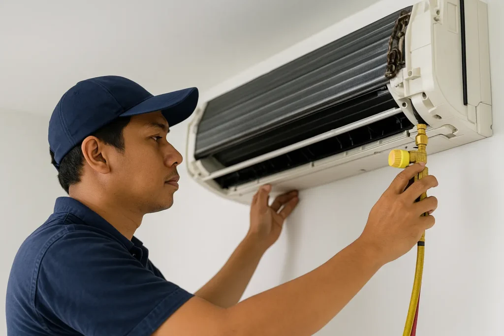 Juruteknik Melayu memeriksa tahap gas aircond menggunakan manifold gauge pada unit dalaman