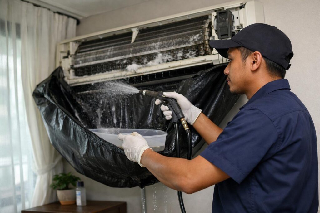 Malay Asian technician performing aircon chemical cleaning on a wall-mounted split unit using a wash bag in a Malaysian home