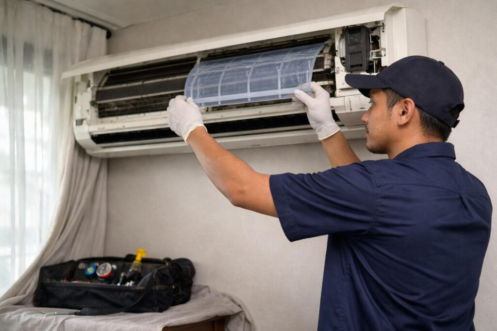 Malay Asian technician reinstalling a clean air filter and reassembling a wall-mounted aircon after chemical cleaning in a Malaysian home