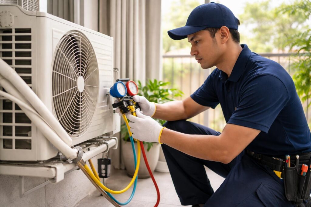 Malay Asian technician performing a leak check on a newly installed split-unit outdoor condenser in a Malaysian condo balcony using a manifold gauge set in natural daylight