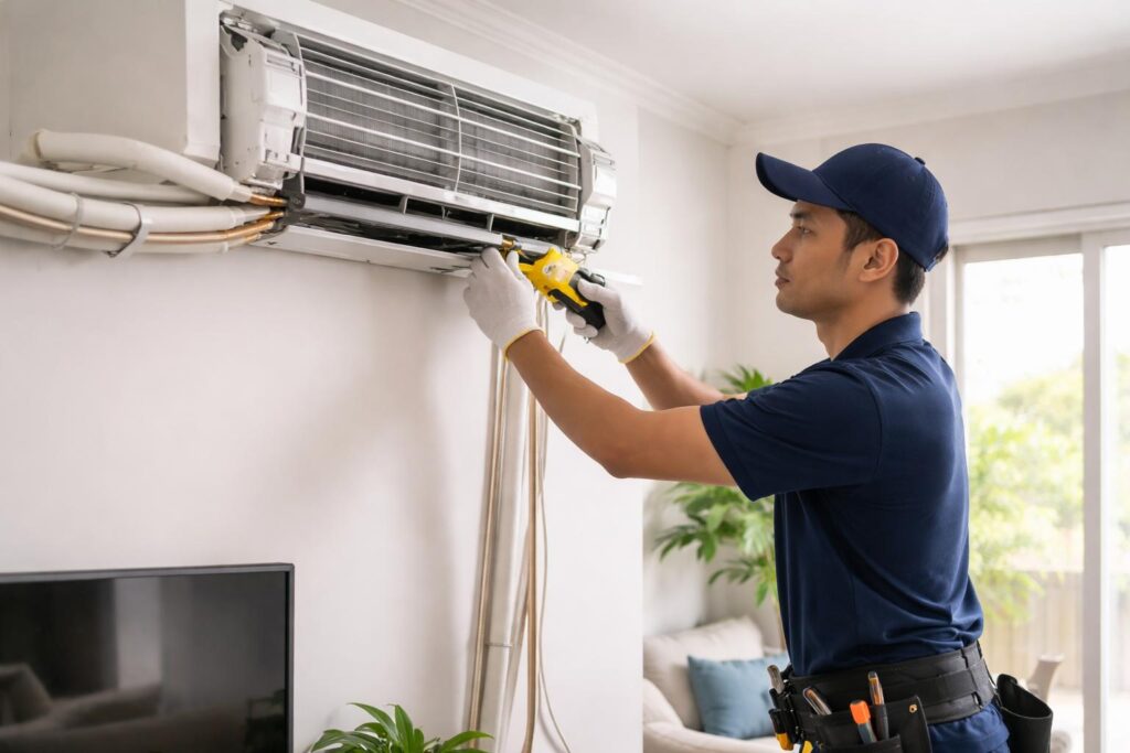 Malay Asian technician installing a split-unit aircon indoor unit in a Malaysian condo living room, checking mounting alignment and connecting insulated piping with tools in natural daylight