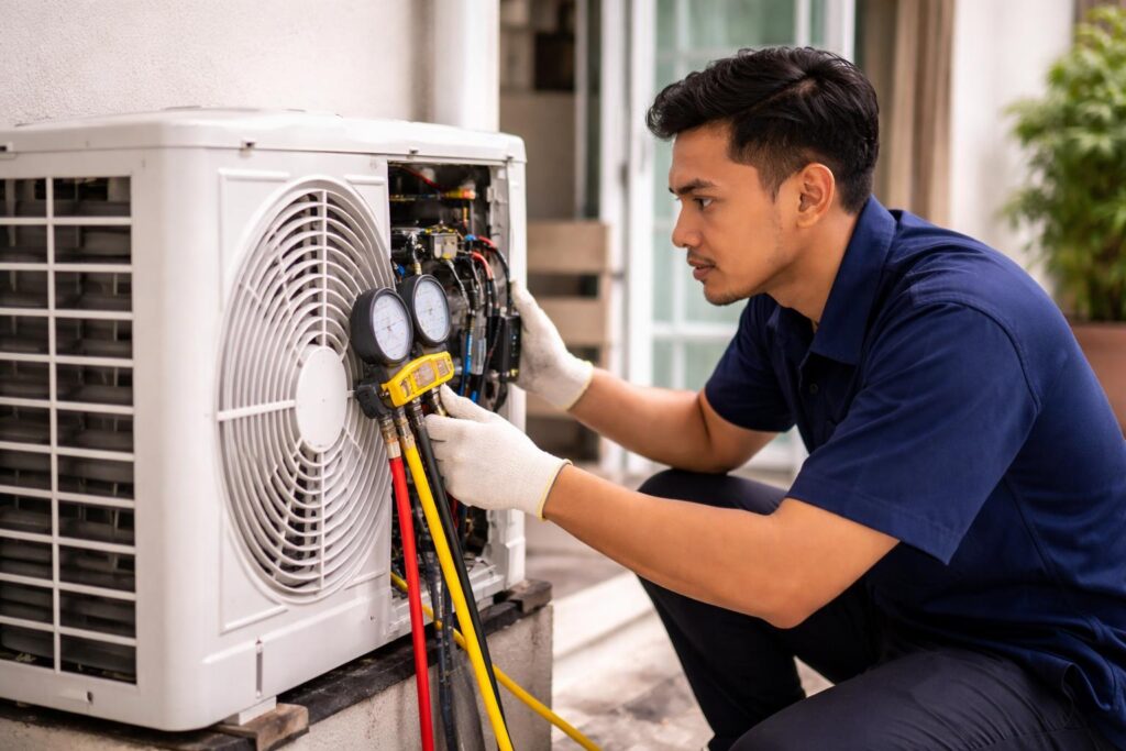 Pemilik rumah Melayu Asia melihat air menitis dari unit aircond dinding di ruang tamu di Malaysia
