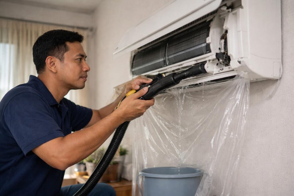 Juruteknik Melayu mengawal kebocoran air aircond dengan plastik dan baldi sambil membersihkan saluran drain semasa lawatan pembaikan kecemasan di Malaysia.
