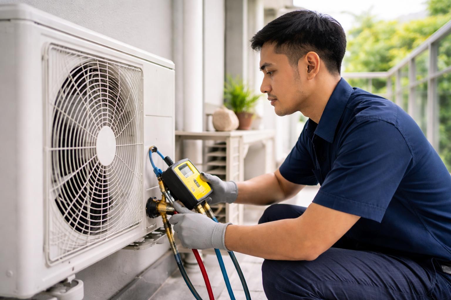 Malay technician checking the outdoor aircond service valve and copper pipe joint for leaks during a refrigerant top-up visit in a Malaysia condo.