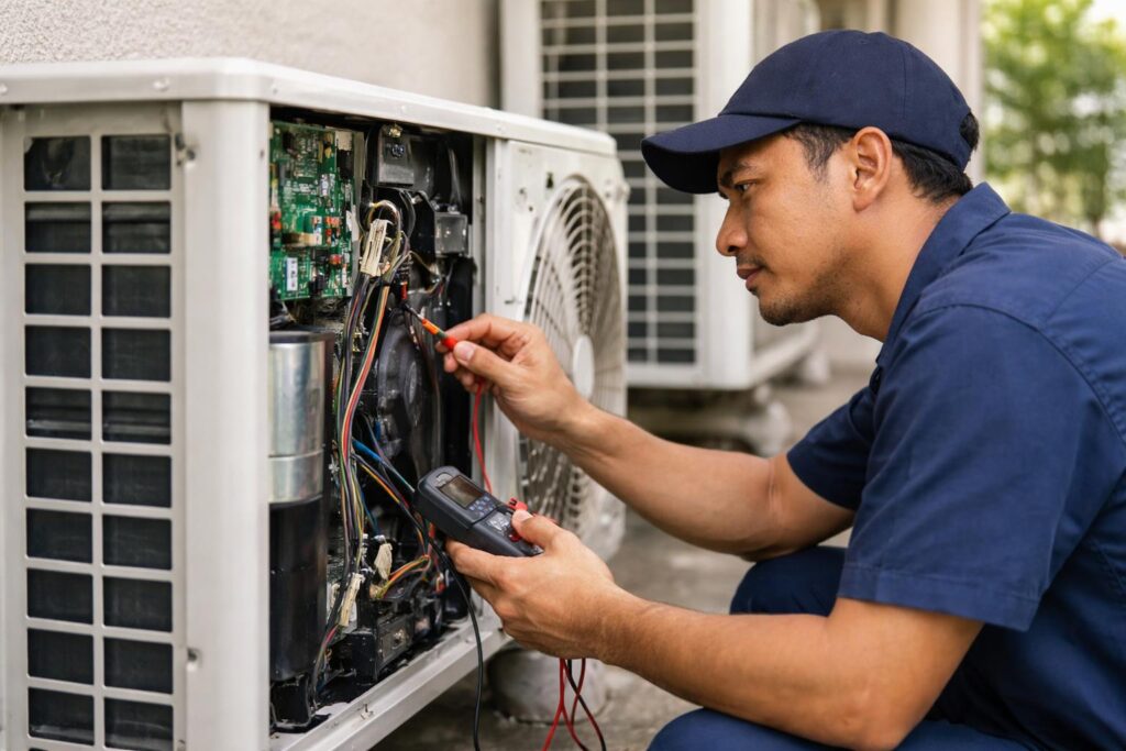Malay aircond technician testing an outdoor unit PCB board and wiring with a multimeter during an inverter fault diagnosis in Malaysia