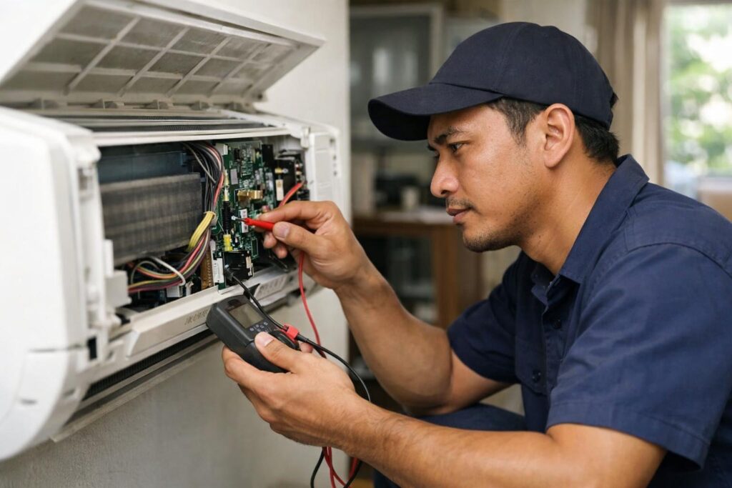 Malay aircond technician testing an indoor unit PCB board with a multimeter during a fault diagnosis visit in a Malaysian home