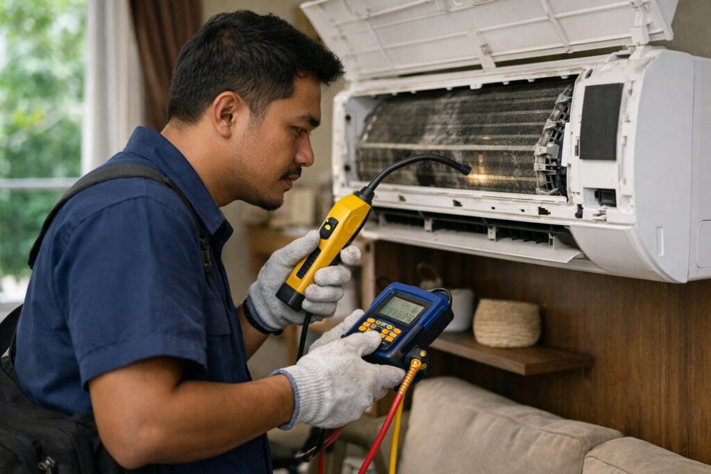 Malay technician diagnosing a split aircond indoor unit in a Malaysia home during a step-by-step repair inspection