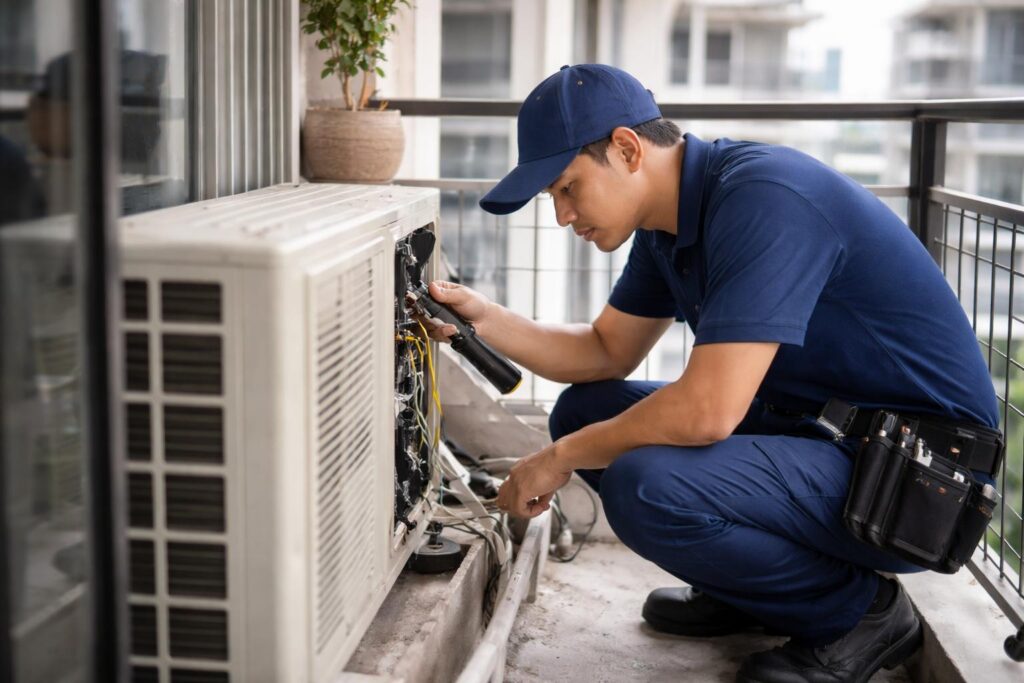 Malay technician inspecting an outdoor aircond unit on a Kuala Lumpur condo balcony, checking access and components before servicing