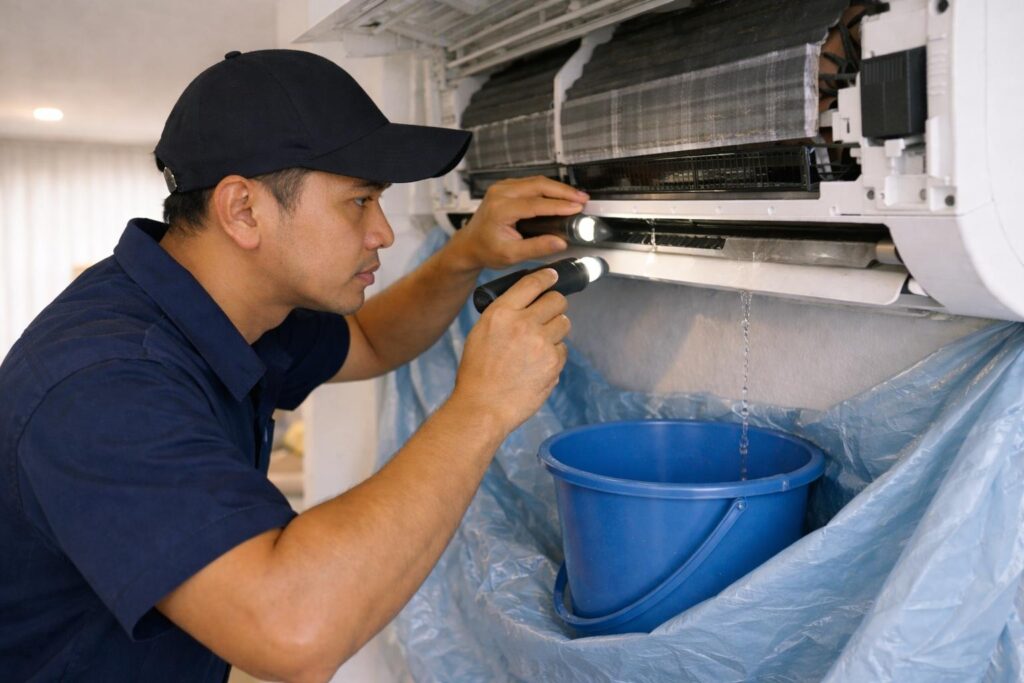 Malay Asian aircond technician inspecting a wall-mounted indoor unit with a light water drip into a bucket during a service visit in a Malaysian home