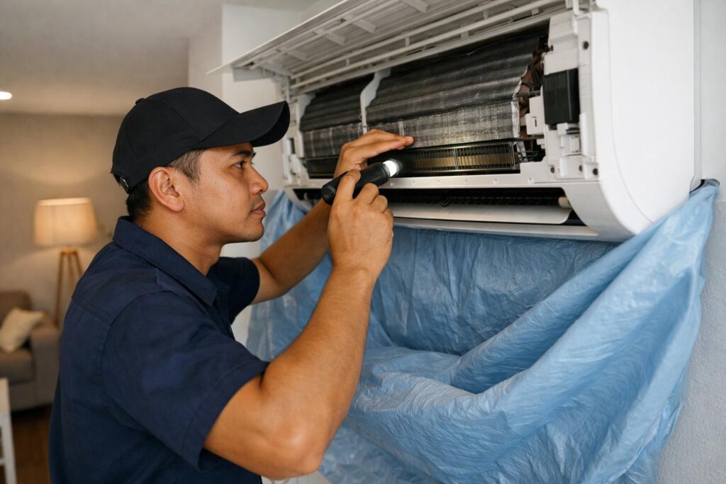 Malay Asian aircond technician inspecting a wall-mounted indoor unit coil with a flashlight during an aircond service in a Malaysian home
