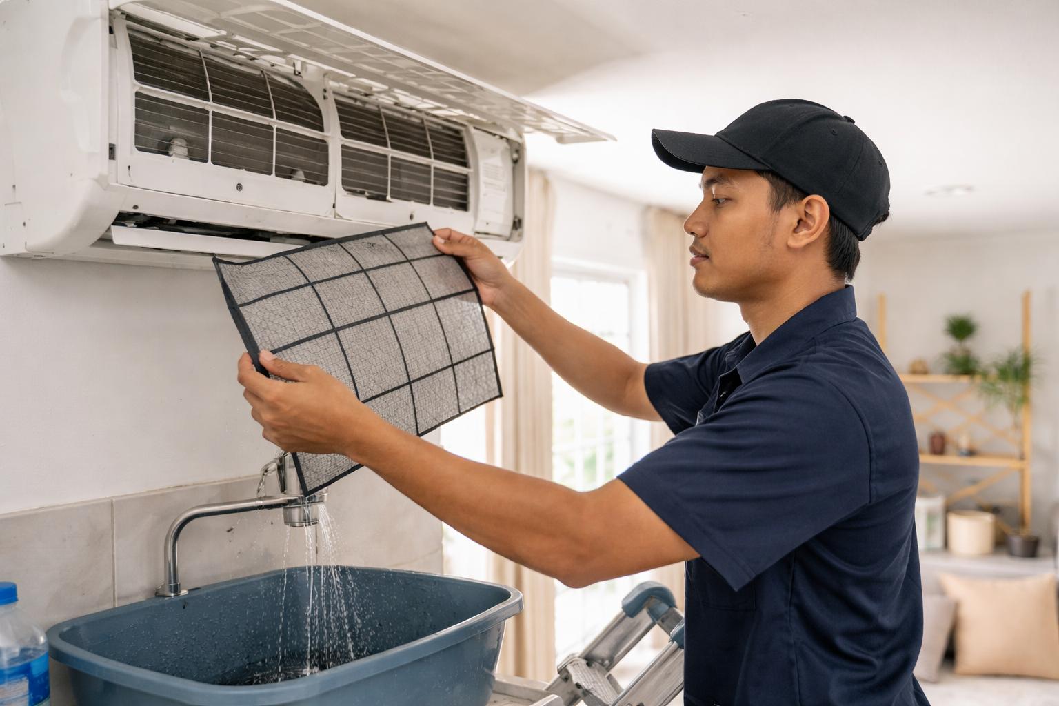 Malay technician cleaning and inspecting an aircond filter during standard servicing in a Malaysian home.