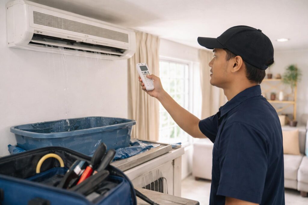 Malay technician running a Cool-mode test and checking drainage flow during aircond servicing in a Malaysian home.