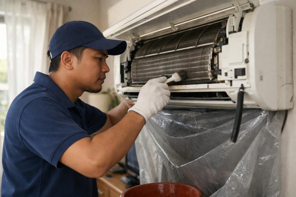 Malay technician cleaning the indoor aircond coil during servicing in a Malaysian home, with a protective sheet to catch dirt and water.