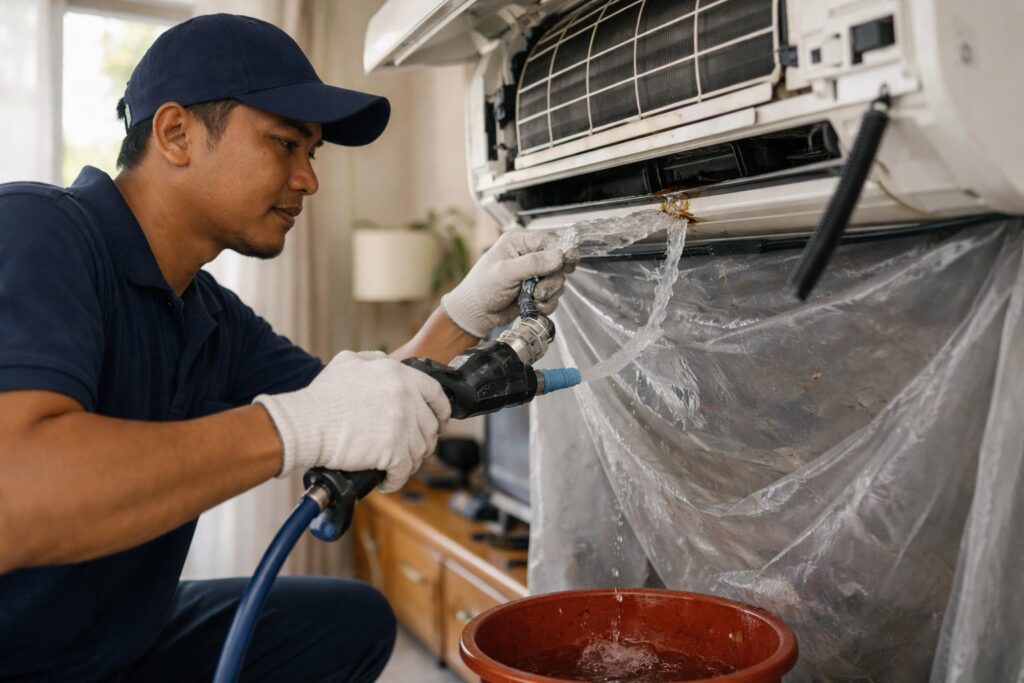 Malay technician flushing an aircond drain pipe during servicing in a Malaysian home, directing the water into a bucket with protective sheeting in place.