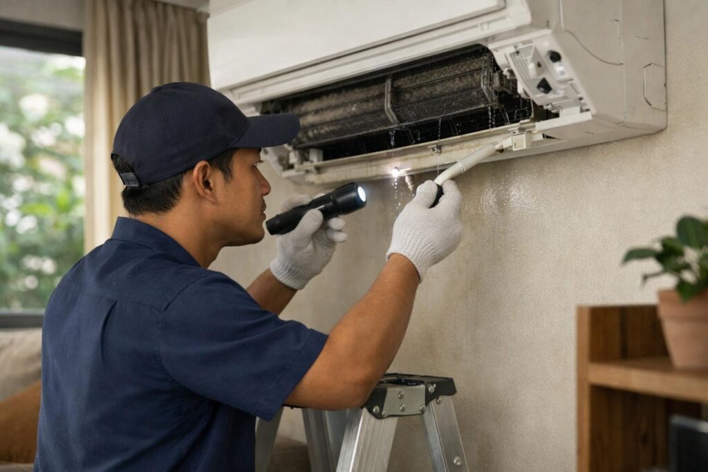 Malay technician removing and cleaning aircond filters during a routine service visit in a Malaysian condo living room.