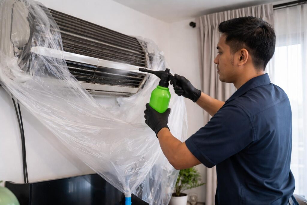 Malay technician rinsing an aircond indoor coil during a chemical wash using a cleaning bag in a Malaysia home