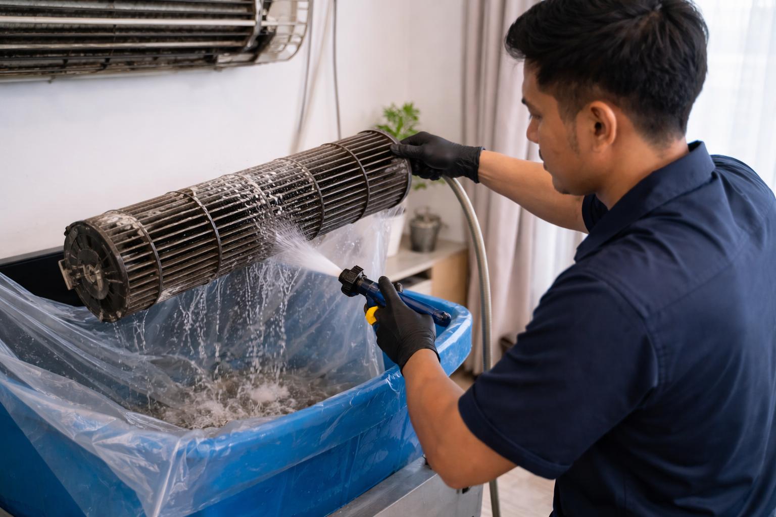 Juruteknik Melayu membilas blower wheel aircond semasa deep cleaning chemical wash di rumah Malaysia