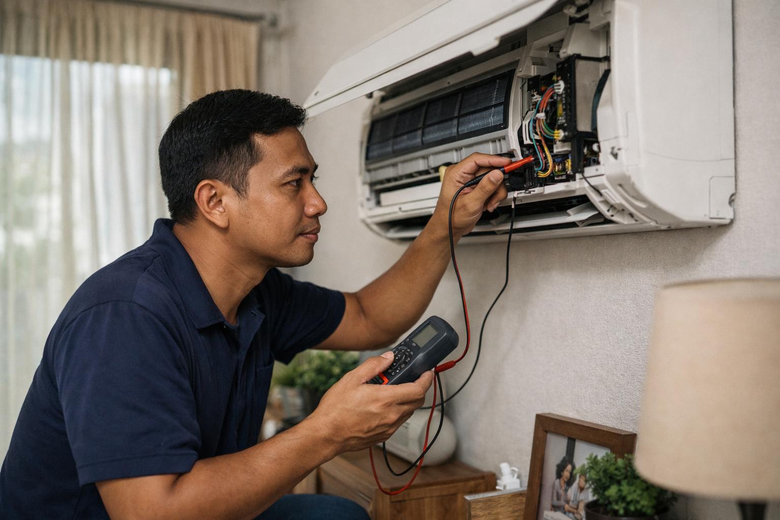 Malay technician performing on-site quick checks on a wall-mounted aircond using a multimeter during an emergency repair visit in a Malaysia home.