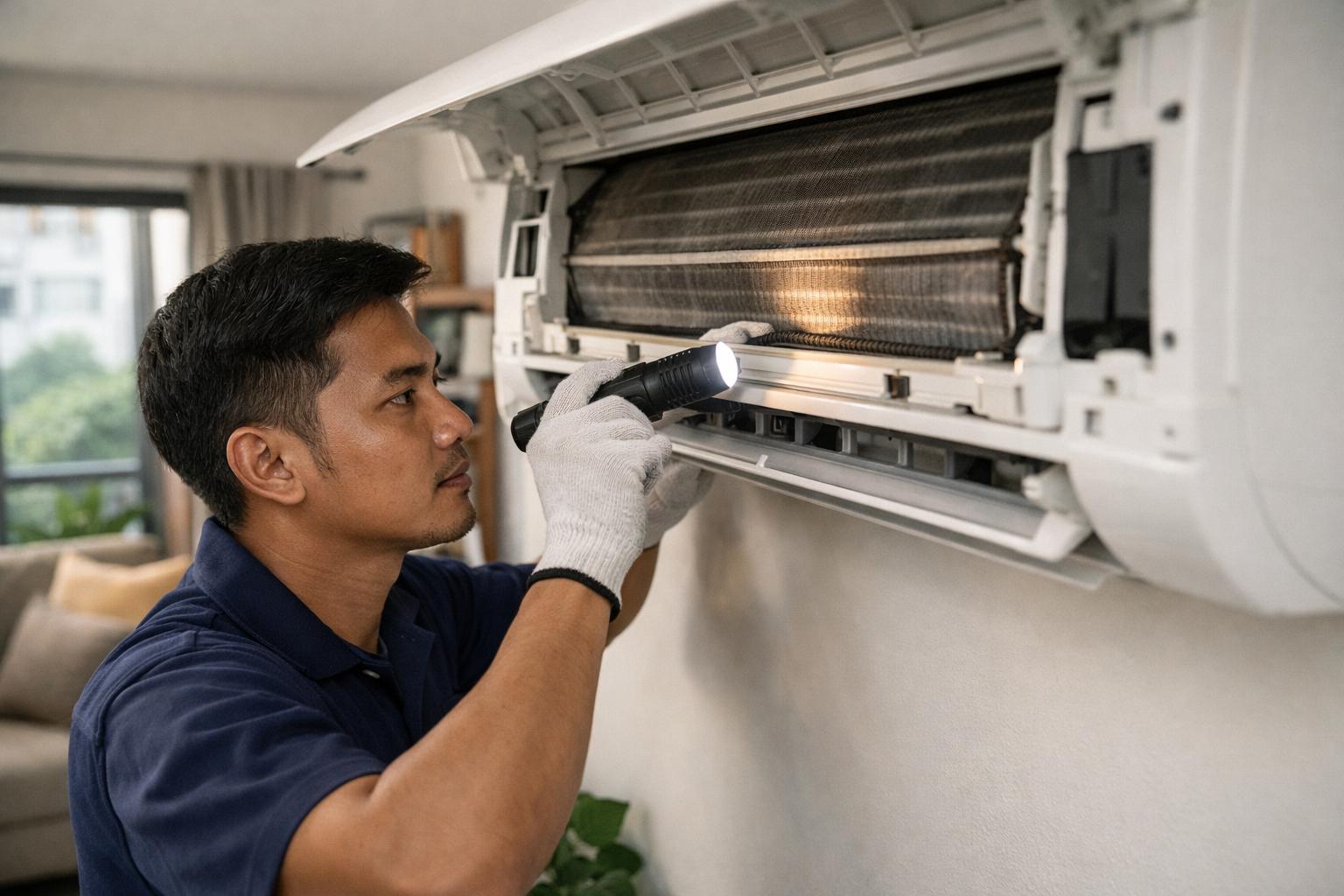 Juruteknik Melayu memeriksa unit dalam aircond jenis dinding menggunakan lampu suluh semasa servis rutin di rumah Malaysia