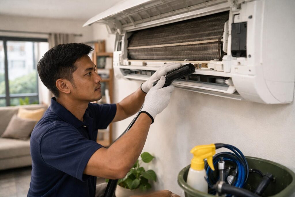 Juruteknik Melayu membersihkan bahagian saliran unit dalam aircond jenis dinding semasa servis di ruang tamu rumah Malaysia