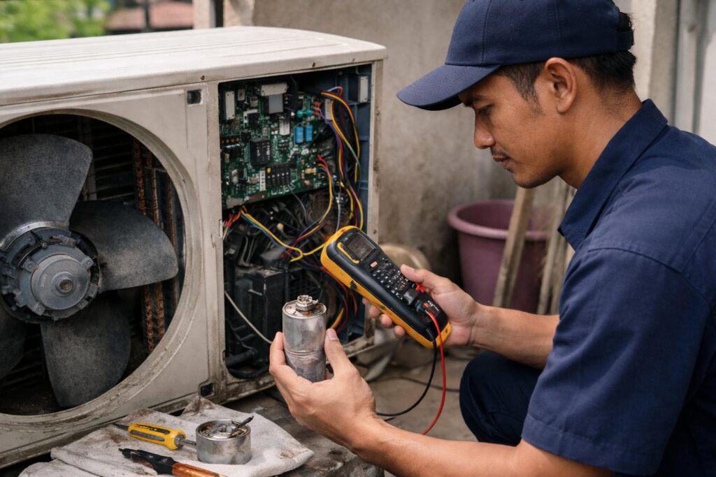 Malay technician testing an aircon outdoor unit fan capacitor with a multimeter on a condo balcony in Malaysia