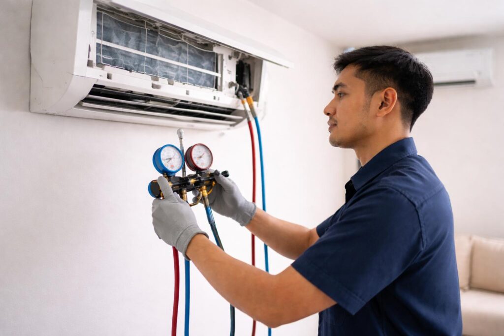 Juruteknik Melayu memeriksa tolok manifold pada unit aircond split dinding semasa servis top up gas di rumah di Malaysia.
