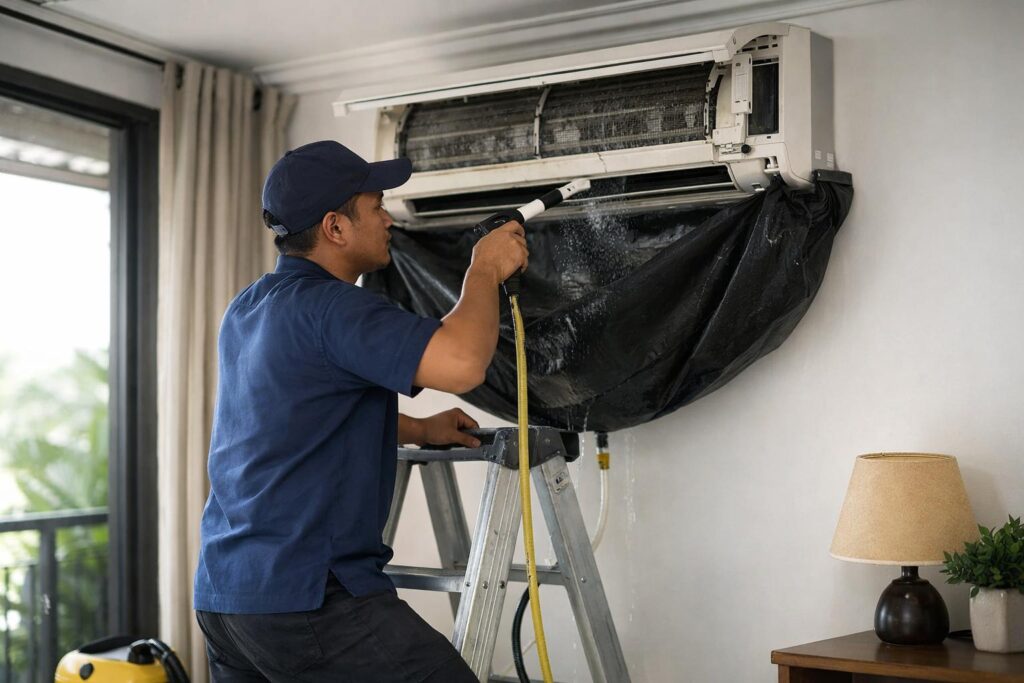 Malay aircond technician rinsing a wall-mounted indoor unit coil using a wash bag and spray nozzle during a service visit in a Malaysian condo living room.