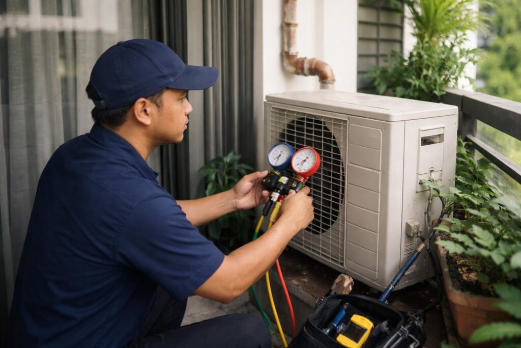 Malay aircond technician checking an outdoor condenser unit with manifold gauges on a narrow condo balcony during a Malaysian service visit, with tools staged nearby.