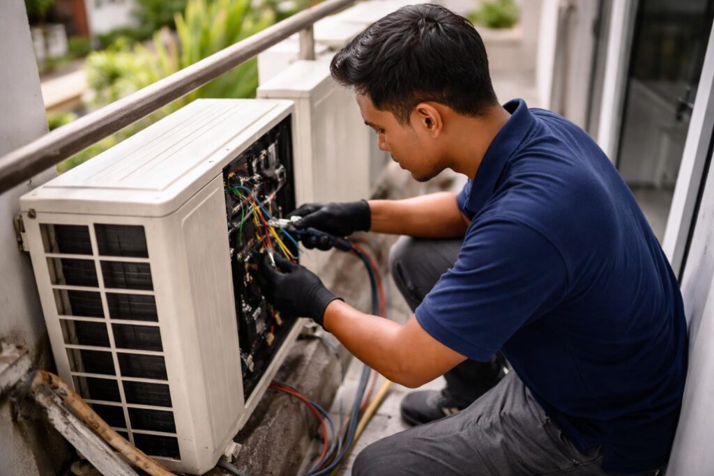 Malay technician inspecting an outdoor aircond unit on a narrow condo balcony with limited clearance in daylight, checking access and components before servicing.