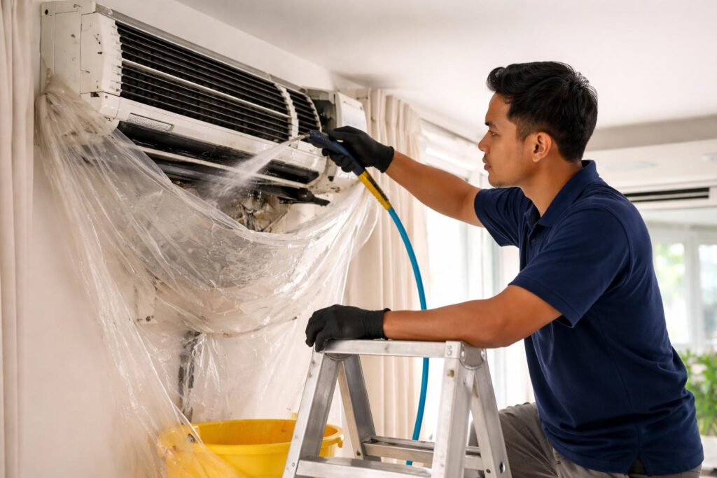 Juruteknik Melayu membersih unit indoor aircond dinding dengan pelindung wash bag dan aliran air terkawal dalam ruang tamu kondominium di Seremban.