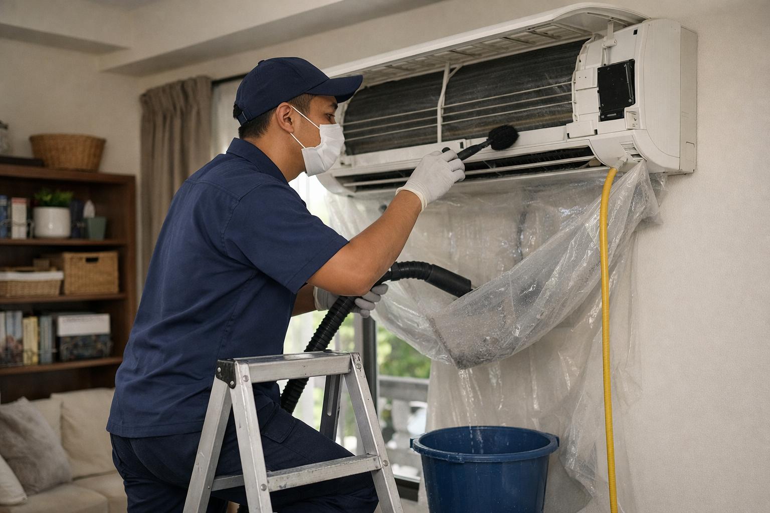 Juruteknik Melayu membersihkan coil dalaman aircond jenis wall-mounted menggunakan wash bag dan baldi semasa servis di ruang tamu kondominium di Malaysia.