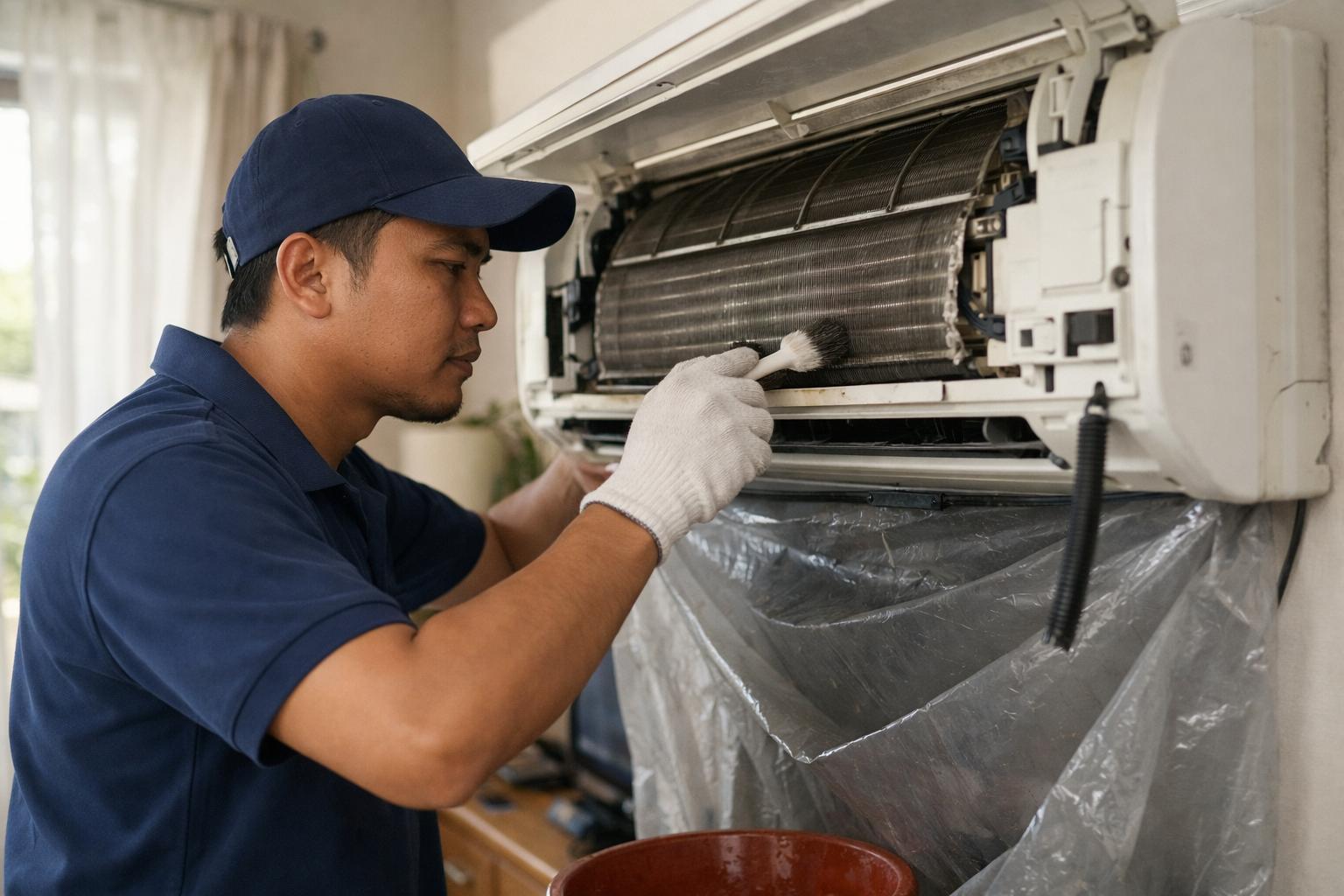 Juruteknik Melayu membersihkan coil dalaman aircond semasa servis di rumah Malaysia, dengan plastik pelindung untuk menadah kotoran dan air.