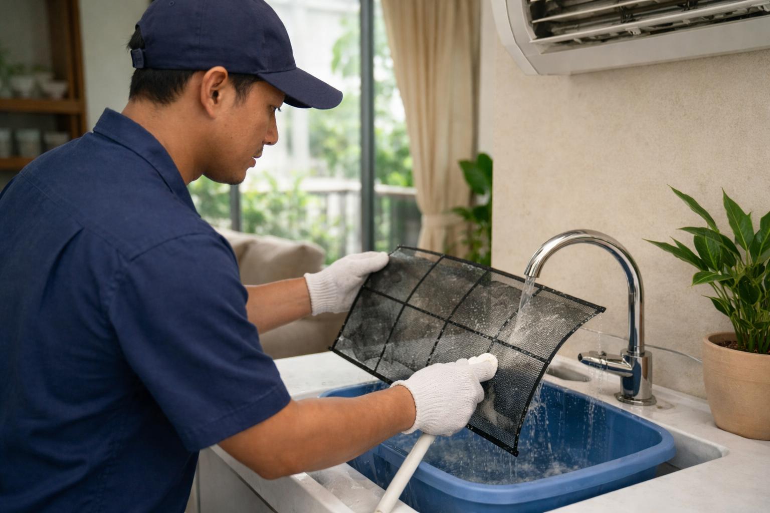 Juruteknik Melayu mencuci filter aircond yang berdebu di kondominium Malaysia untuk pulihkan aliran angin semasa servis rutin.