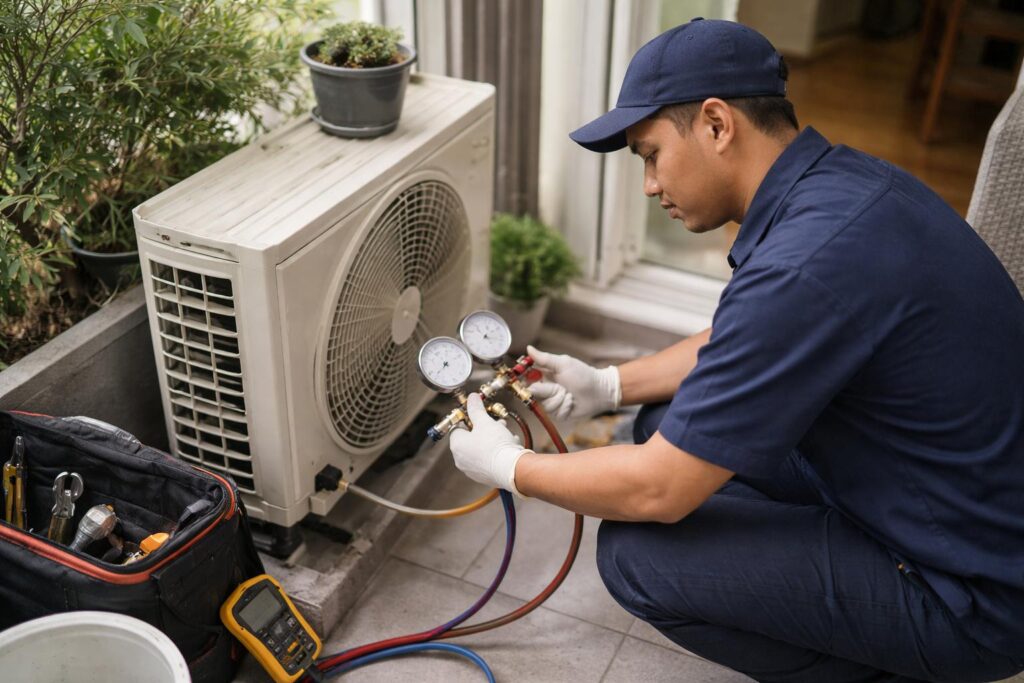 Juruteknik Melayu memeriksa unit luar aircond menggunakan manifold gauge semasa troubleshooting di balkoni kondominium di Malaysia pada waktu siang.